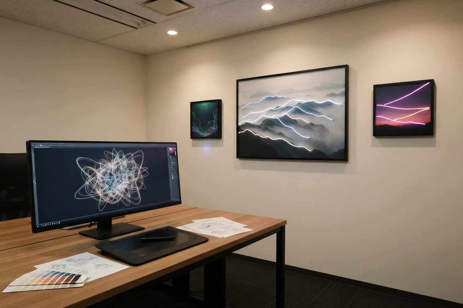 TokyoLEDstudio のデザイン室。壁に、絵の上をネオン管がなぞる3枚のアートパネルが掛かっている